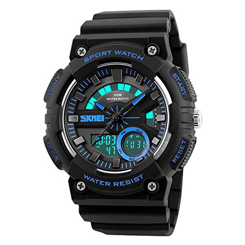 TONSHEN LED Digitales Impermeable Relojes de Hombre Deportivos 50M Resistente Agua Multifuncional Electrónica Analógico Cuarzo Doble Tiempo Relojes de Pulsera Outdoor Militares Plástico Reloj