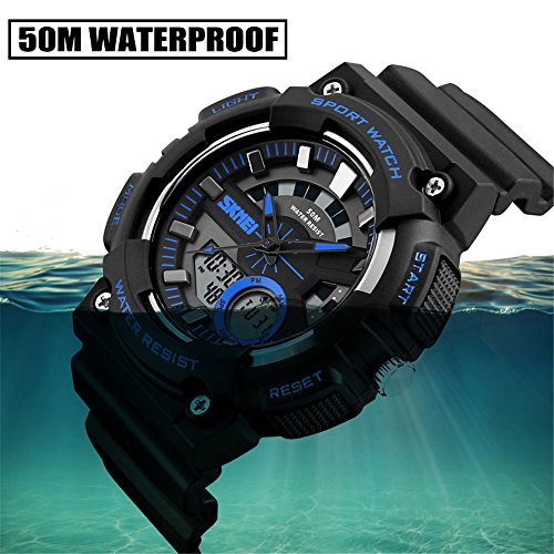 TONSHEN LED Digitales Impermeable Relojes de Hombre Deportivos 50M Resistente Agua Multifuncional Electrónica Analógico Cuarzo Doble Tiempo Relojes de Pulsera Outdoor Militares Plástico Reloj