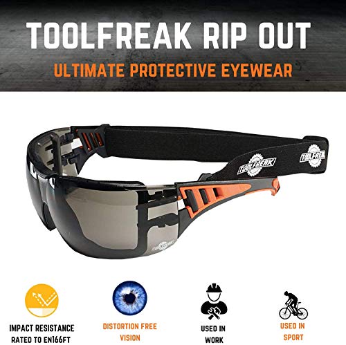 ToolFreak Rip Out Gafas de Sol y de Seguridad para Trabajo y Deporte, Cristales Ahumados Tintados Antideslumbrantes, Cabeza y Bolsa de Transporte