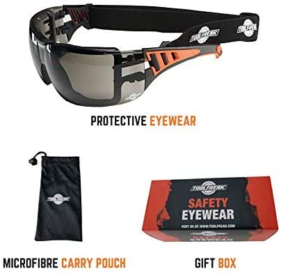 ToolFreak Rip Out Gafas de Sol y de Seguridad para Trabajo y Deporte, Cristales Ahumados Tintados Antideslumbrantes, Cabeza y Bolsa de Transporte