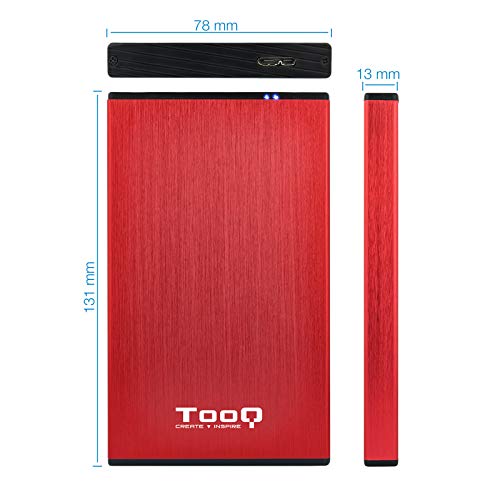 TooQ TQE-2527R - Carcasa para discos duros HDD de 2.5", (SATA I/II/III de hasta 9.5 mm de alto, USB 3.0), aluminio, indicador LED, color rojo, 50 grs.