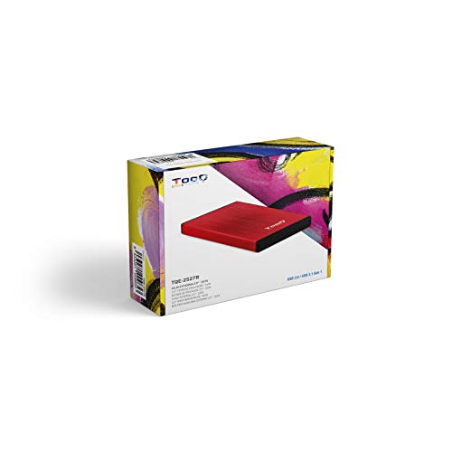 TooQ TQE-2527R - Carcasa para discos duros HDD de 2.5", (SATA I/II/III de hasta 9.5 mm de alto, USB 3.0), aluminio, indicador LED, color rojo, 50 grs.