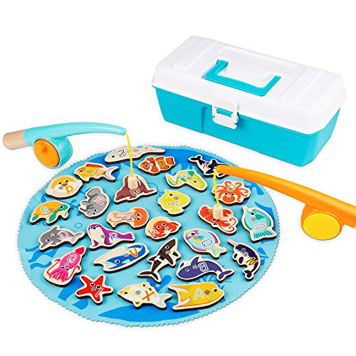 TOP BRIGHT Juego de Pesca Magnético - Juguete Educativo Interactivo con Piezas de Madera para Niños de 2 3 4 años – Abecedario, Letras y Animales Marinos - Desarrollo Cognitivo y Habilidades sociales