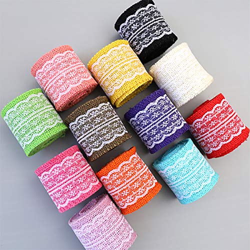 Topdo - Cinta de arpillera natural con detalles de encaje, para manualidades, manualidades, Navidad, boda, fiesta y decoración del hogar, color amarillo azul