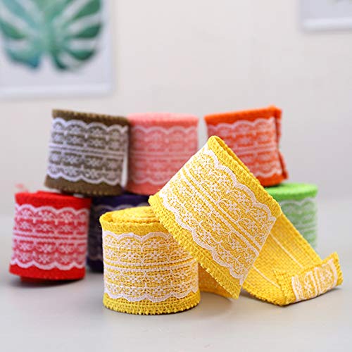 Topdo - Cinta de arpillera natural con detalles de encaje, para manualidades, manualidades, Navidad, boda, fiesta y decoración del hogar, color amarillo azul