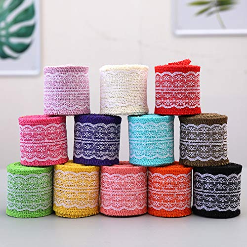 Topdo - Cinta de arpillera natural con detalles de encaje, para manualidades, manualidades, Navidad, boda, fiesta y decoración del hogar, color amarillo azul
