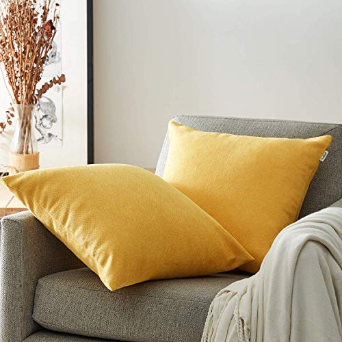 Topfinel juego 2 Hogar Algodón Lino Decorativa Almohadas Fundas de Color sólido para Sala de Estar sofás Amarillo 45x45cm