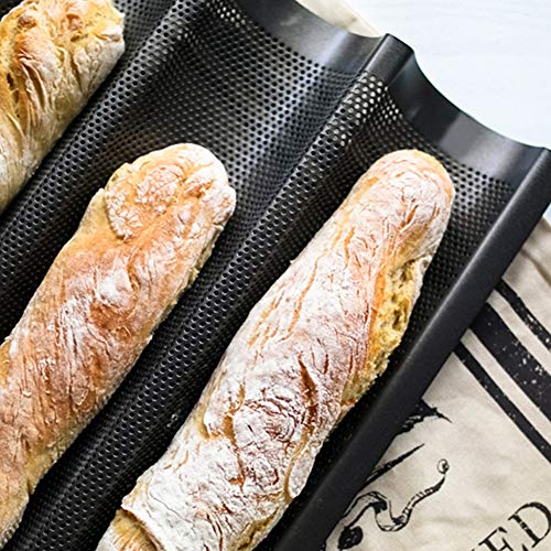 TOPmountain Bandeja Baguettes Moldes Recubrimiento Antiadherente de Grado alimenticio, bandejas de Pan Baguette Perforadas, para Hornear Pan francés, 4 panes - Negro