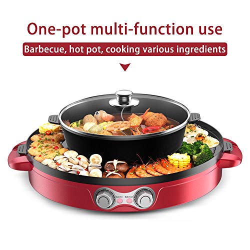 TOPQSC Barbacoa Hot Pot 44cm Separación Doble eléctrica hogar asado Olla Caliente Barbacoa Multifuncional, Sartén Antiadherente Gran Capacidad de Limpieza fácil, para 2-12 Personas Grill (Rojo)
