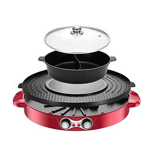 TOPQSC Barbacoa Hot Pot 44cm Separación Doble eléctrica hogar asado Olla Caliente Barbacoa Multifuncional, Sartén Antiadherente Gran Capacidad de Limpieza fácil, para 2-12 Personas Grill (Rojo)