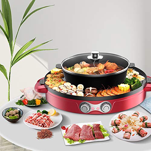 TOPQSC Barbacoa Hot Pot 44cm Separación Doble eléctrica hogar asado Olla Caliente Barbacoa Multifuncional, Sartén Antiadherente Gran Capacidad de Limpieza fácil, para 2-12 Personas Grill (Rojo)