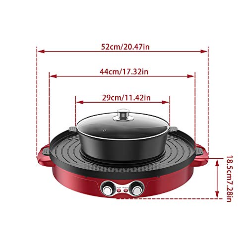 TOPQSC Barbacoa Hot Pot 44cm Separación Doble eléctrica hogar asado Olla Caliente Barbacoa Multifuncional, Sartén Antiadherente Gran Capacidad de Limpieza fácil, para 2-12 Personas Grill (Rojo)