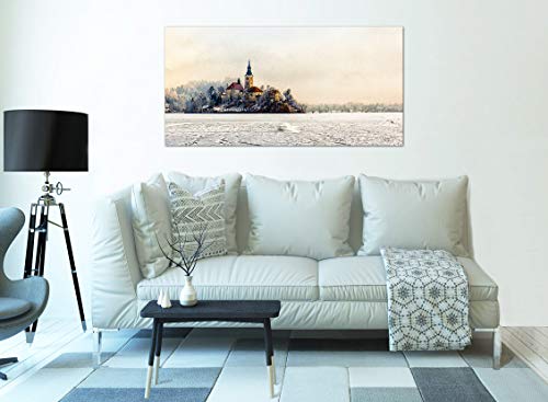 Topquadro Cuadro XXL sobre Lienzo, Imagen Panorámica 100x50cm, Iglesia, Bled Eslovenia, Isla, Lago Congelado, Invierno y Nieve - Decoración de Pared, Imagen Panorámica - Una Pieza