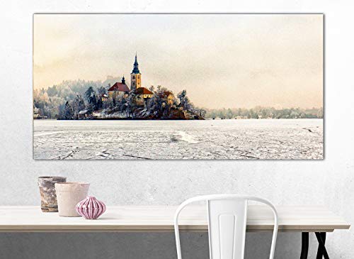 Topquadro Cuadro XXL sobre Lienzo, Imagen Panorámica 100x50cm, Iglesia, Bled Eslovenia, Isla, Lago Congelado, Invierno y Nieve - Decoración de Pared, Imagen Panorámica - Una Pieza