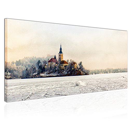 Topquadro Cuadro XXL sobre Lienzo, Imagen Panorámica 100x50cm, Iglesia, Bled Eslovenia, Isla, Lago Congelado, Invierno y Nieve - Decoración de Pared, Imagen Panorámica - Una Pieza