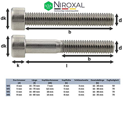 Tornillo cilíndrico de acero inoxidable V2A M8 mm de grosor, 30 mm de longitud, 100 unidades de 30 mm, rosca hexagonal interior M8 x 30 A2