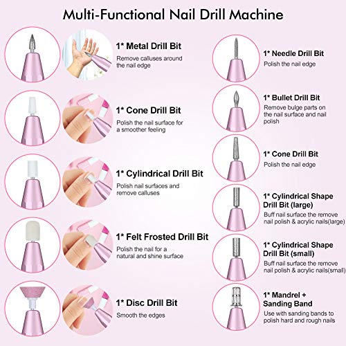 Torno para uñas, Lima de Uñas Profesionales con Manicura Pedicura Taladro eléctrico, 11 Tipos de Brocas de Pulido, Kit de pulido eléctrica para remover gel acrílico