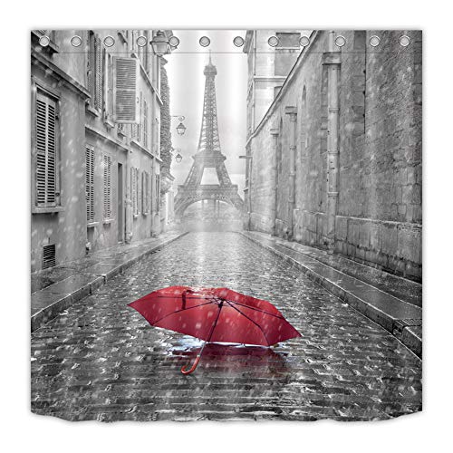 Torre Eiffel Y Paraguas Rojo En La Lluvia. Cortina De Baño Paño De Fondo. 180X180Cm. Impresión 3D En Alta Definición. Tejido Impermeable.