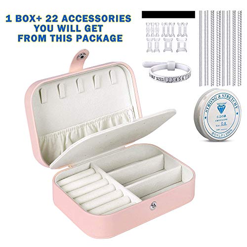 TOUROAM Viaje Pequeño Joyero Organizador para niña Mujer, portátil Estuche para Guardar Joyas, Collar Arete Pulsera Bandeja de exhibición con Espejo de Maquillaje con Purpurina (Pink with Accessory)