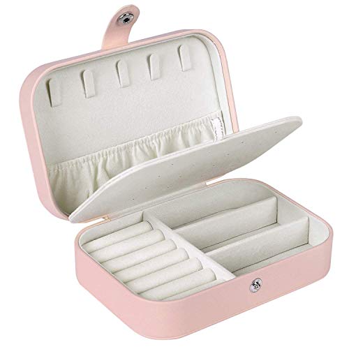 TOUROAM Viaje Pequeño Joyero Organizador para niña Mujer, portátil Estuche para Guardar Joyas, Collar Arete Pulsera Bandeja de exhibición con Espejo de Maquillaje con Purpurina (Pink with Accessory)