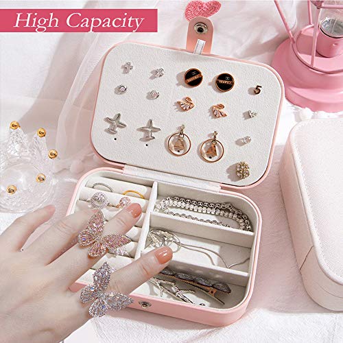 TOUROAM Viaje Pequeño Joyero Organizador para niña Mujer, portátil Estuche para Guardar Joyas, Collar Arete Pulsera Bandeja de exhibición con Espejo de Maquillaje con Purpurina (Pink with Accessory)