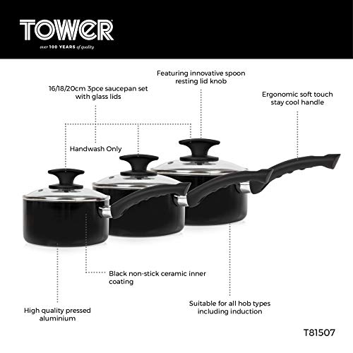 TOWER - Juego de 3 ollas, Color Negro (16, 18, 20 cm)