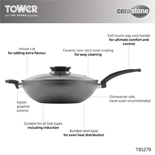 Tower T81279 - Wok (cerámica, aluminio forjado con revestimiento de cerámica antiadherente de fácil limpieza, 30 cm), color gris