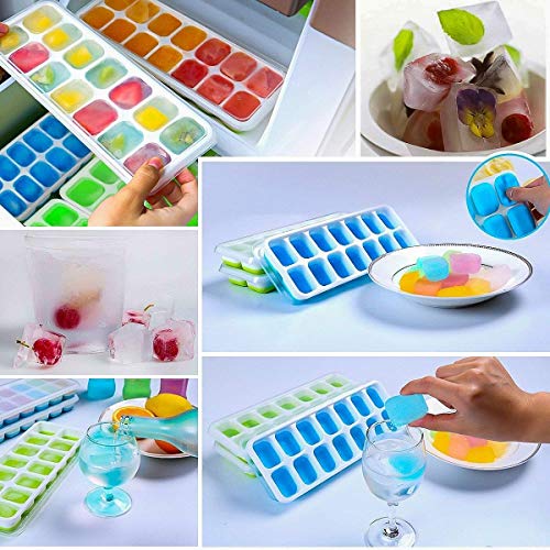 Towinle 4 Bandejas Hielo Grande con Tapa - Silicona Alimentaria Flexible/Cubo Enorme 4 * 3cm - 56 Huecos Color Verde (2 Verde+2 Azul)