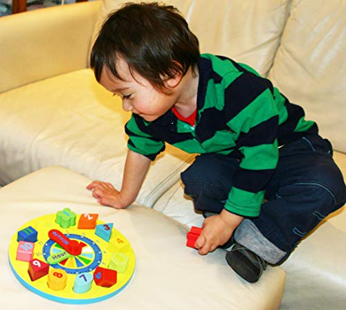 TOWO Juguete de Reloj de Madera educativo con Piezas de números para aprender la hora - Reloj de Rompecabezas para niños - Juegos educativos de clasificación con numeros y formas geometricas.