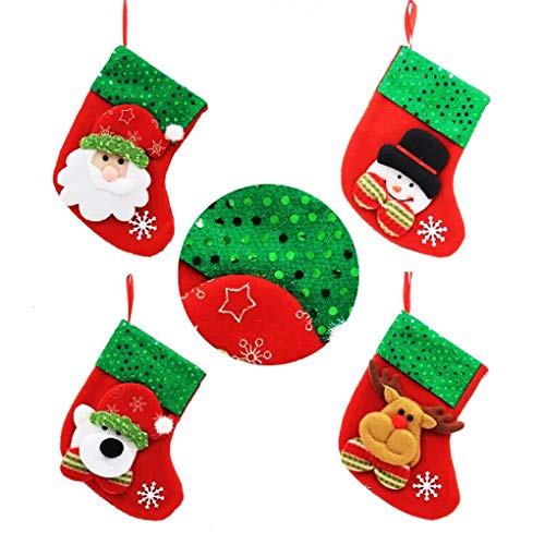 TOYESS 4Pcs/Set Media de Navidad Colgante Calcetín de Navidad Decoración de Navidad,Clásico 3D de Papá Noel,Elk,Muñeco de Nieve,Oso Patrón,Caramelo Lindo Calcetines Bolsa de Regalo(Lentejuelas)