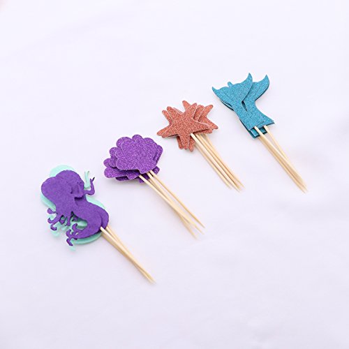 Toyvian Glitter Mermaid Theme Cake Topper Cupcake Decor Brillante Tarjeta de inserción de Pastel 39PCS