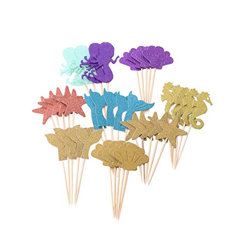 Toyvian Glitter Mermaid Theme Cake Topper Cupcake Decor Brillante Tarjeta de inserción de Pastel 39PCS