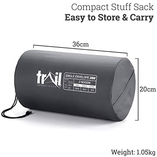 Trail Saco de Dormir Rectangular Estándar Adulto, Transpirable y Suave, 2 Estaciones, Camping, Senderismo, Festivales, Aire Libre. 200 g/m2, Bolsa Compresión Ultraligera, Bolsillos Internos.190cmx75cm