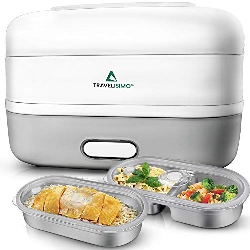 TRAVELISIMO Fiambrera Vaporera Eléctrica Cocina y Calienta 3 en 1, 350W Alta Potencia 1.2L, Comida al Vapor 220V, Termo Comida Caliente