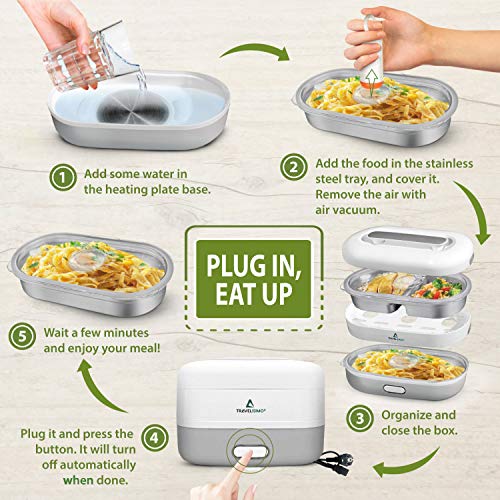 TRAVELISIMO Fiambrera Vaporera Eléctrica Cocina y Calienta 3 en 1, 350W Alta Potencia 1.2L, Comida al Vapor 220V, Termo Comida Caliente
