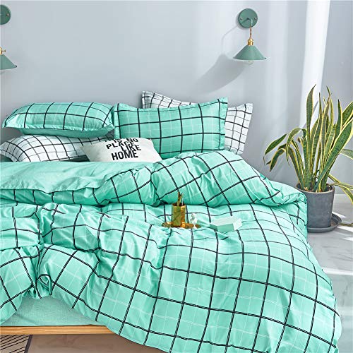 Treer Juego de Ropa de Cama 4 Piezas,Simple Tartán Estilo Microfibra Juego de Ropa de Cama con Funda de Edredón,Funda de Almohada y Sábana para Cama Matrimonio/Individual (Agua Verde,220x240cm)