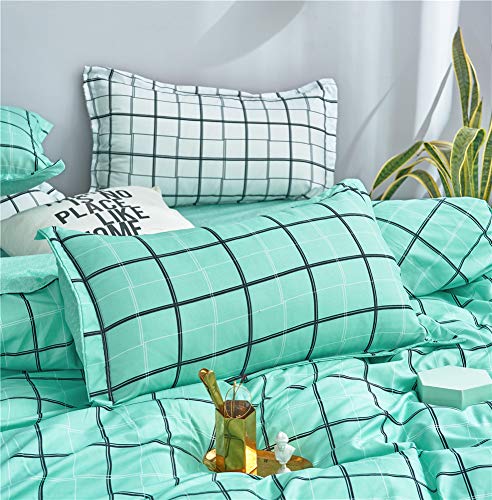 Treer Juego de Ropa de Cama 4 Piezas,Simple Tartán Estilo Microfibra Juego de Ropa de Cama con Funda de Edredón,Funda de Almohada y Sábana para Cama Matrimonio/Individual (Agua Verde,220x240cm)