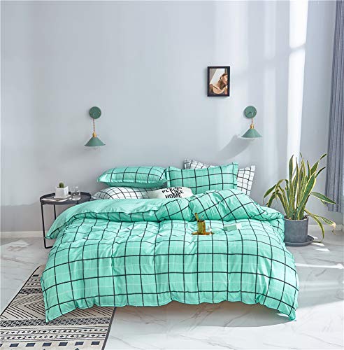 Treer Juego de Ropa de Cama 4 Piezas,Simple Tartán Estilo Microfibra Juego de Ropa de Cama con Funda de Edredón,Funda de Almohada y Sábana para Cama Matrimonio/Individual (Agua Verde,220x240cm)