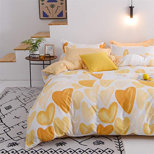Treer Juego de Ropa de Cama con Funda de Edredón, Funda de Almohada y Sábana Microfibra Estampado 4 Piezas Juego de Ropa de Cama para Cama Individual/Matrimonio (Amarillo Amor Corazon,150x200cm)