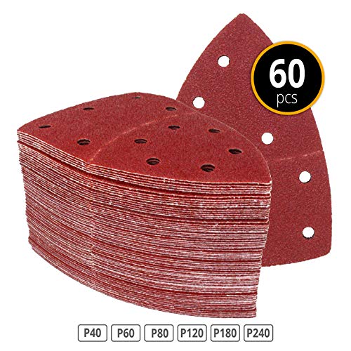 Triángulos de Molienda Prio │ 60 piezas │ 11 agujeros │ 105 x 152 mm │ Mixpack (10 x grano 40/60/80/120/180/240 cada uno) │ para poliquenales │ Almohadillas de Molienda Triangulares