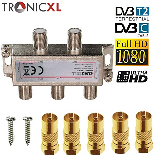 TronicXL - Distribuidor de antena coaxial de 4 canales HD 3D 4K para DVBT, DVBT2, DVBC, SAT, Unicable, cable de TV, Unitymedia, Vodafone, cable TV alemana, 4 puertos, HDTV