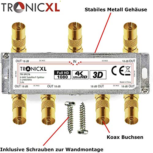 TronicXL - Distribuidor de antena coaxial de 6 canales HD 3D 4K para DVBT, DVBT2, DVBC, SAT, Unicable, cable de TV, Unitymedia, Vodafone, cable TV alemana, 6 puertos, HDTV