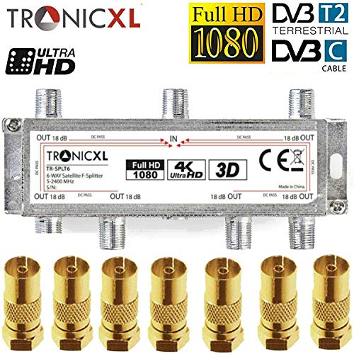 TronicXL - Distribuidor de antena coaxial de 6 canales HD 3D 4K para DVBT, DVBT2, DVBC, SAT, Unicable, cable de TV, Unitymedia, Vodafone, cable TV alemana, 6 puertos, HDTV