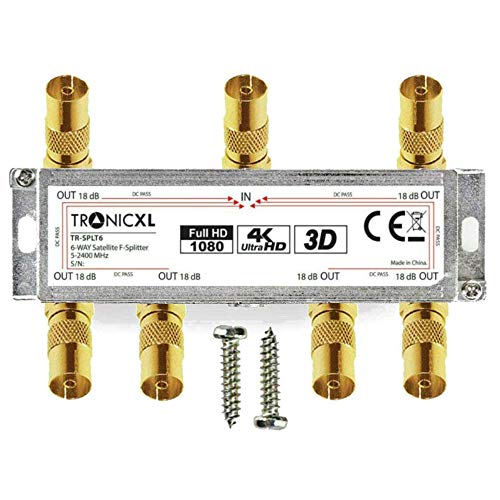 TronicXL - Distribuidor de antena coaxial de 6 canales HD 3D 4K para DVBT, DVBT2, DVBC, SAT, Unicable, cable de TV, Unitymedia, Vodafone, cable TV alemana, 6 puertos, HDTV