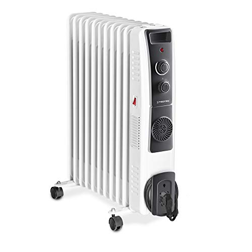 TROTEC Radiador de Aceite TRH 23 E, 2.500 W, Termostato, Radiador, 11 Elementos, 3 Niveles 1.000 W, 1.500 W, 2.500 W, Silencioso, Blanco, Oficina, Hogar