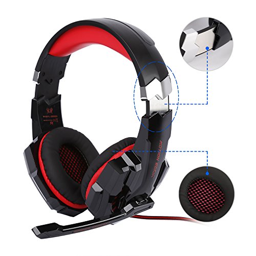 Tsing Auriculares Gaming Cascos PS4, Micrófono Control de Volumen LED Luz 3.5mm Jack, Reducción de ruido, PC/Xbox One/Nintendo Switch/Móvil/Tablet, Rojo(Tiene un adaptador）