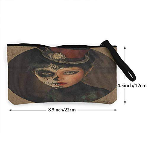 TTmom Carteras de Mujer,Monedero,Sugar Skull Antique Portrait Girl with Calavera Inspired Makeup and Topper Realistic Design Wallet Coin Purses Clutch W 8.5" x L 4.5" Multicolor