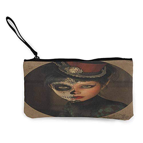 TTmom Carteras de Mujer,Monedero,Sugar Skull Antique Portrait Girl with Calavera Inspired Makeup and Topper Realistic Design Wallet Coin Purses Clutch W 8.5" x L 4.5" Multicolor