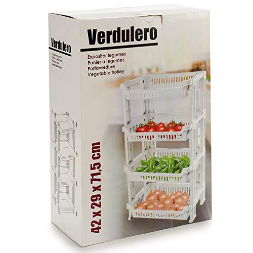 TU TENDENCIA UNICA Verdulero de 4 estantes Fabricado en plástico Polipropileno Blanco. Dispone de una Gran Capacidad de Almacenamiento de Alimentos. Medidas: 42 x 29 x 77 cm