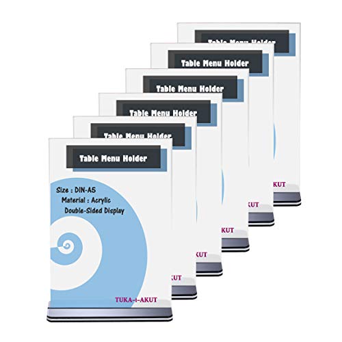 TUKA 6x A5 Menu Soporte Doble Cara, Forma de T con Base, Soportes de Sobremesa para Carteles, Menús, Promociones, Porta Carteles. T Expositor de Mesa, Acrílico Transparente, Vertical, TKD8205-A5-6x